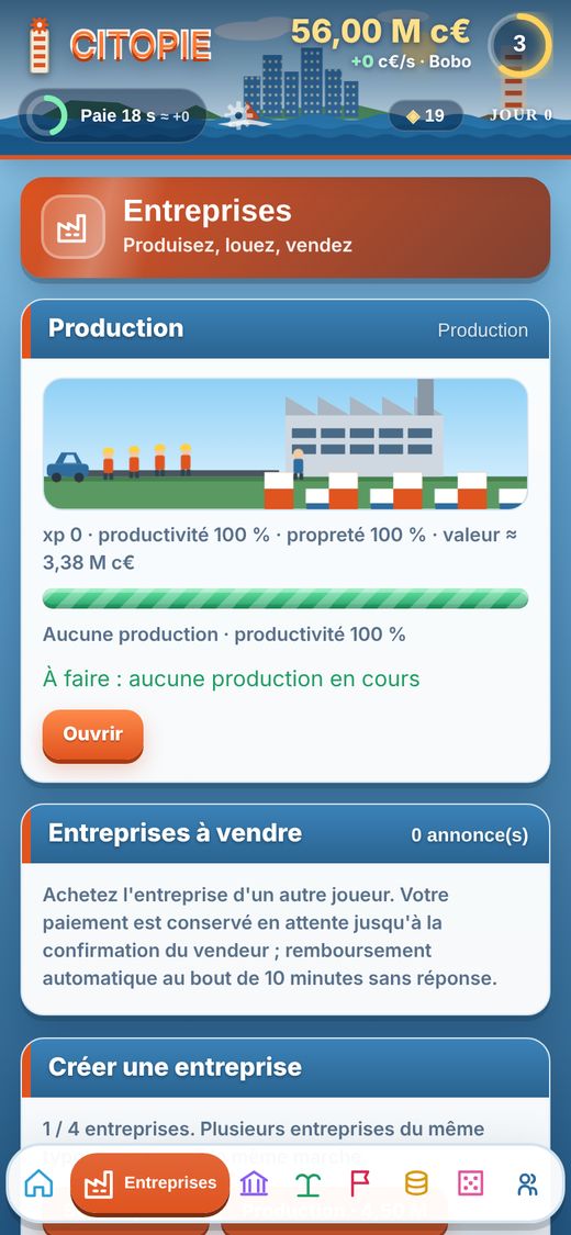 Écran des entreprises : production, annonces et création d'entreprise